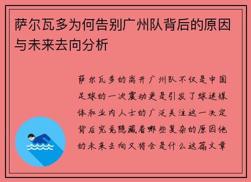 萨尔瓦多为何告别广州队背后的原因与未来去向分析